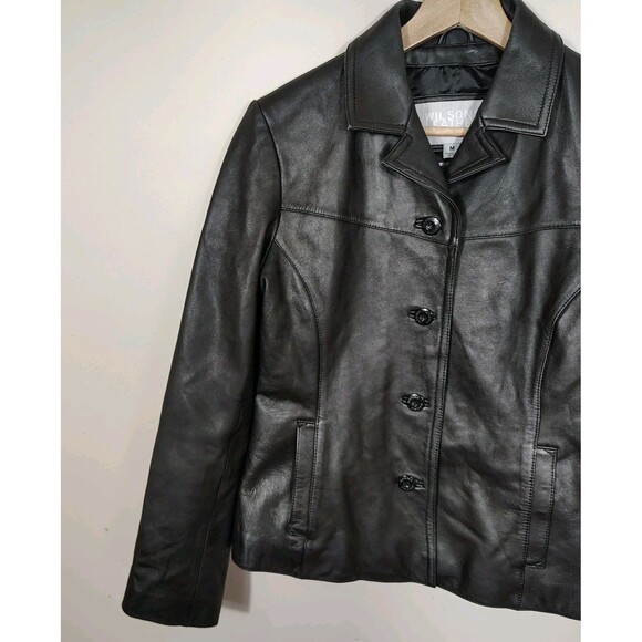 Wilsons Womens 90s Classic Leather Jacket Size M Black Fitted Minimalist Capsule - Picture 4 of 16